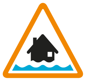Flood alert icon description: A black house with 1 wavy line of water covering the bottom of it, within an orange triangle.