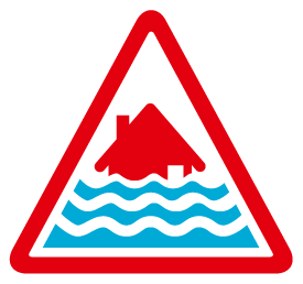 Severe flood warning icon description: A red house with 3 wavy lines of water covering the bottom of it, within a red triangle.