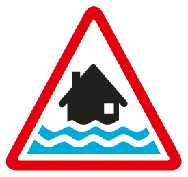 Flood warning icon description: A black house with 2 wavy lines of water covering the bottom of it, within a red triangle.